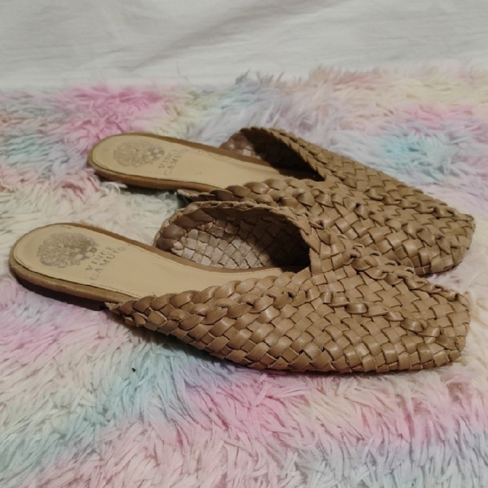 SALE! Vince Camuto Loralee Tan Woven Leather Mules - Picture 6 of 12
